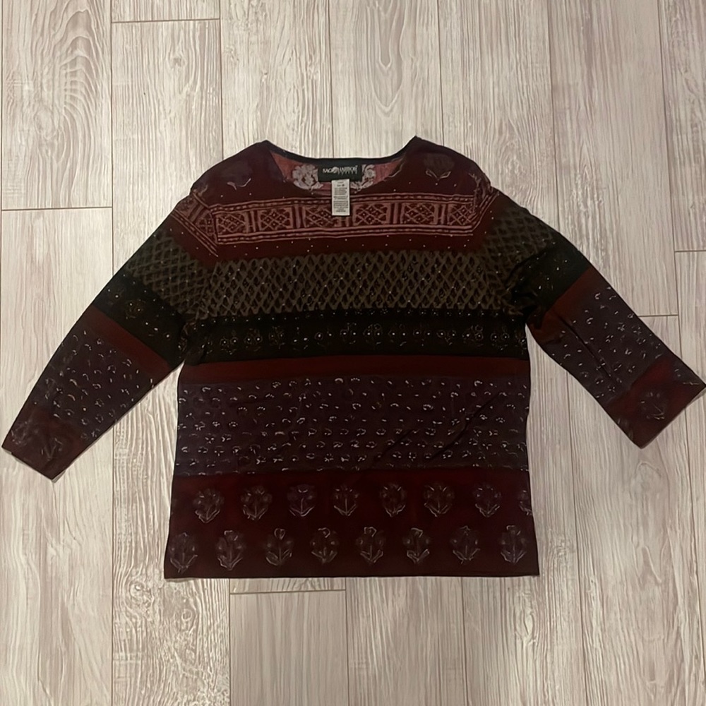 Printed maroon and plum women’s petite blouse